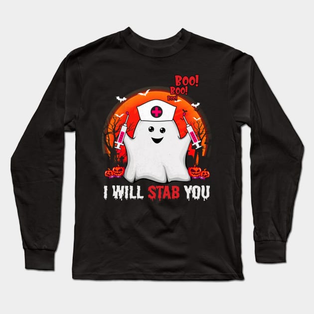 Funny ghost boo boo boo I will stab you tshirt funny halloween gift t-shirt Long Sleeve T-Shirt by American Woman